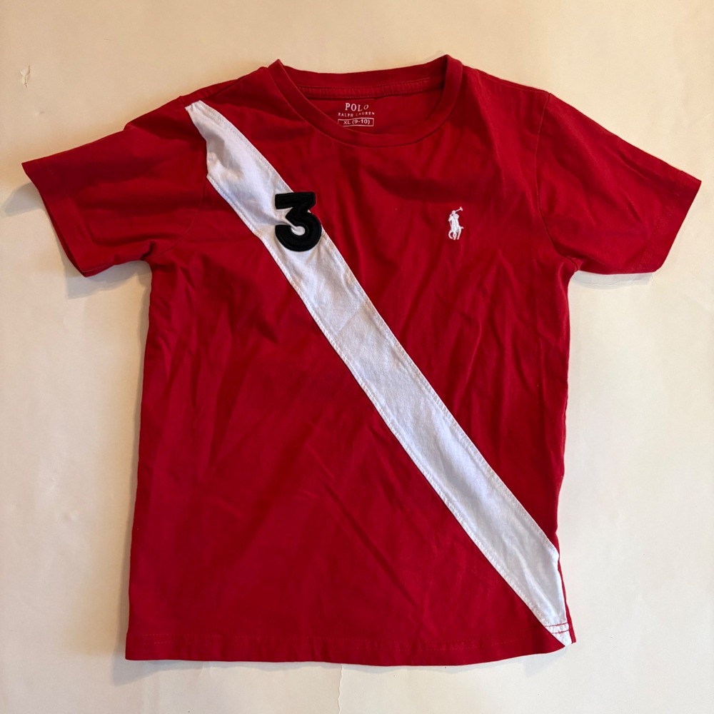 Polo Ralph Lauren Boys Red White Diagonal Stripe Graphic T-Shirt XL 9-10 Pony 3